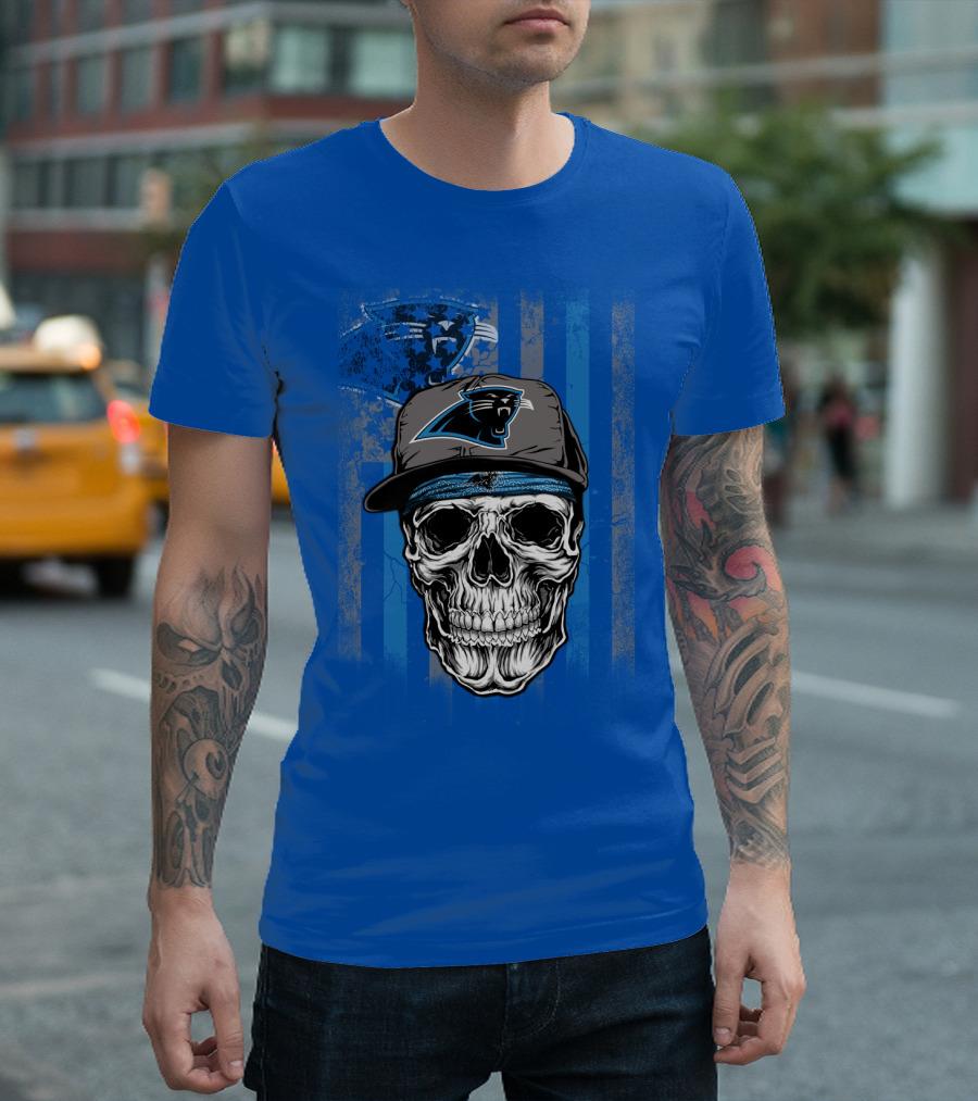 Carolina Panthers Skull With Hat And Striped T-Shirt