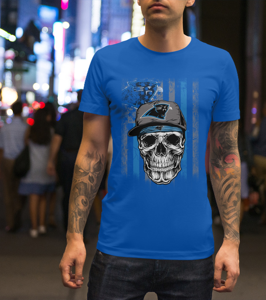 Carolina Panthers Skull With Hat And Striped T-Shirt