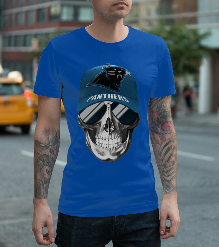 Carolina Panthers Skull Wearing Team Hat And Sunglasses T-Shirt