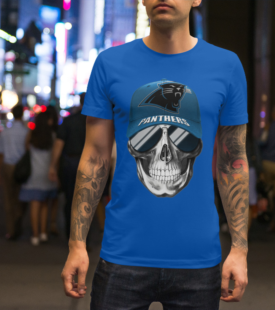 Carolina Panthers Skull Wearing Team Hat And Sunglasses T-Shirt