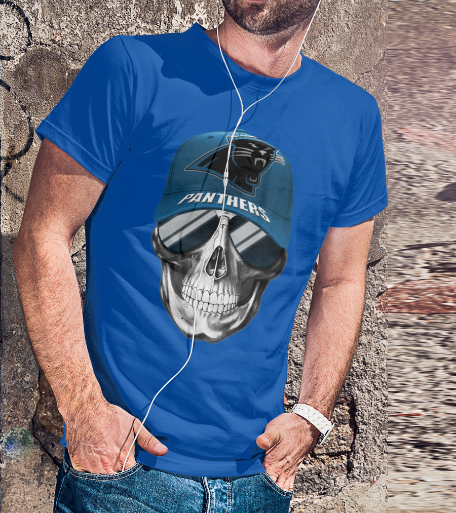 Carolina Panthers Skull Wearing Team Hat And Sunglasses T-Shirt