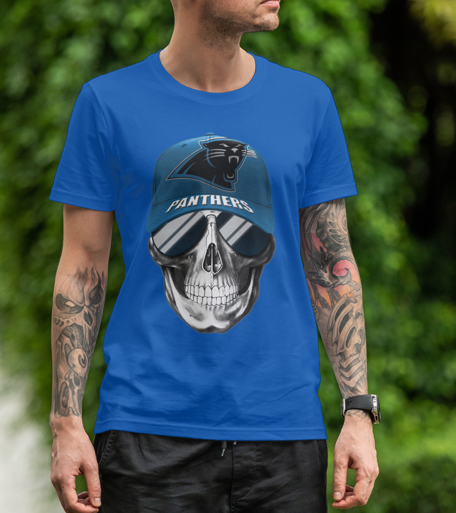 Carolina Panthers Skull Wearing Team Hat And Sunglasses T-Shirt