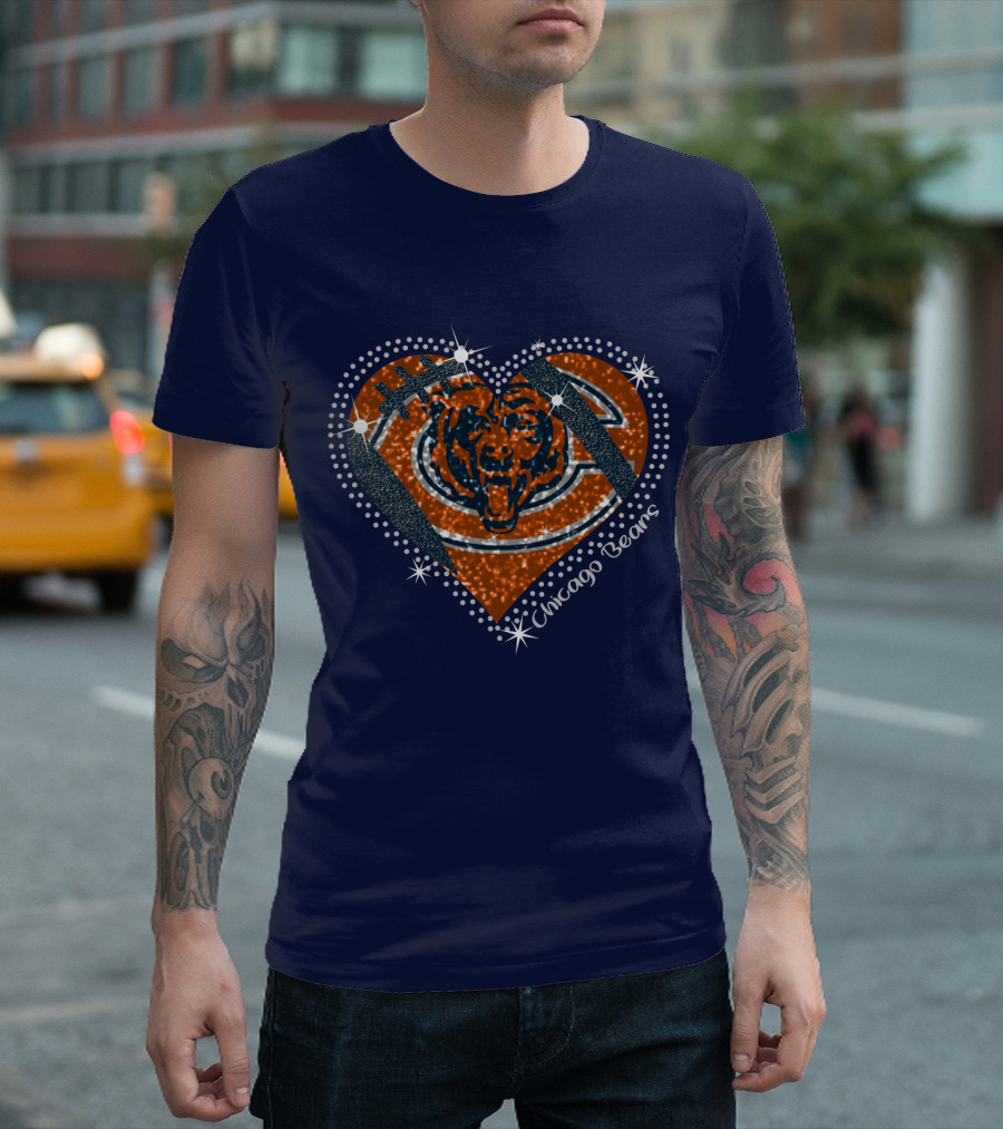Chicago Bears Heart Logo Football Sparkle T-Shirt