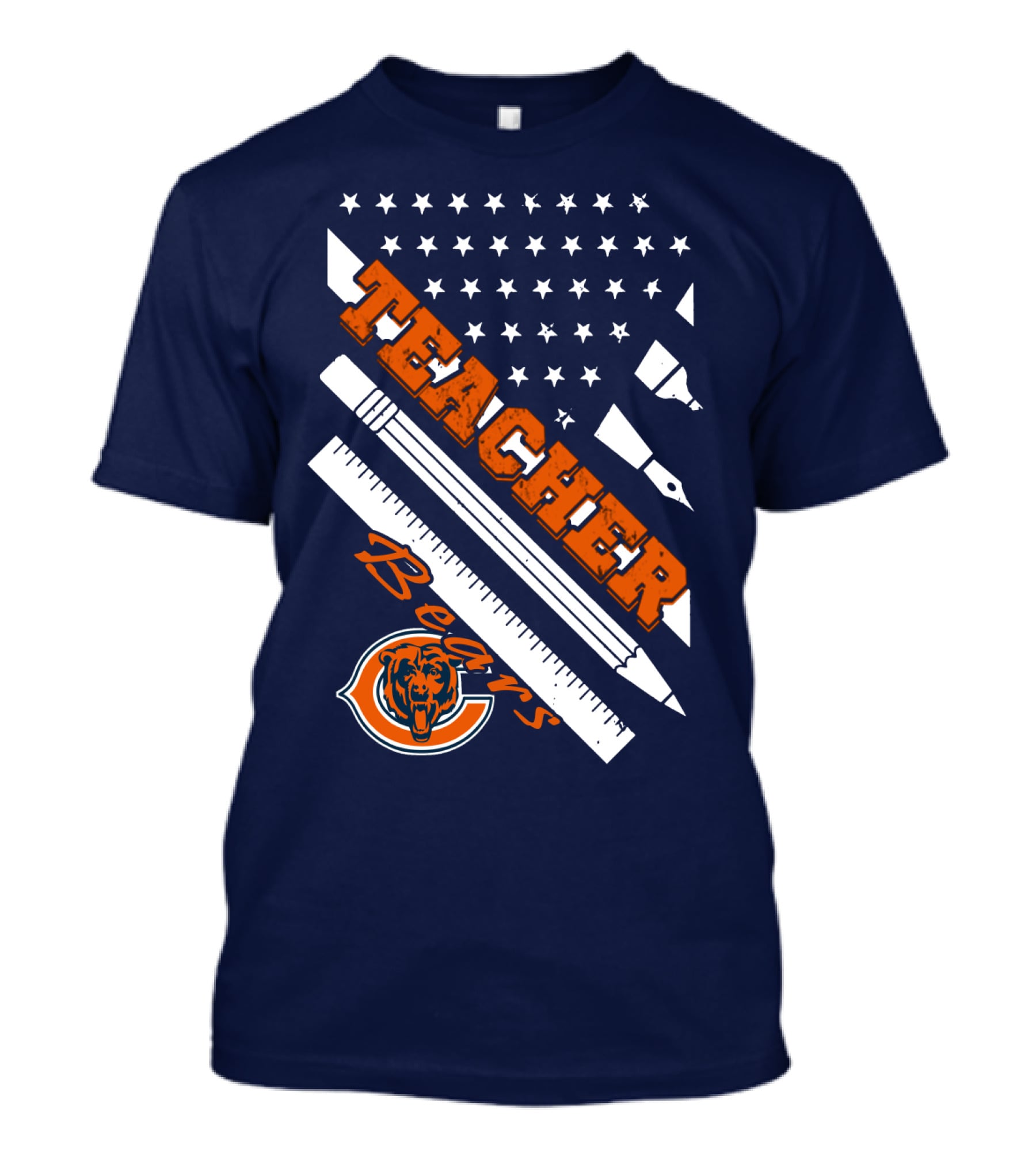 Chicago Bears Teacher American Flag Ruler And Pens T-Shirt