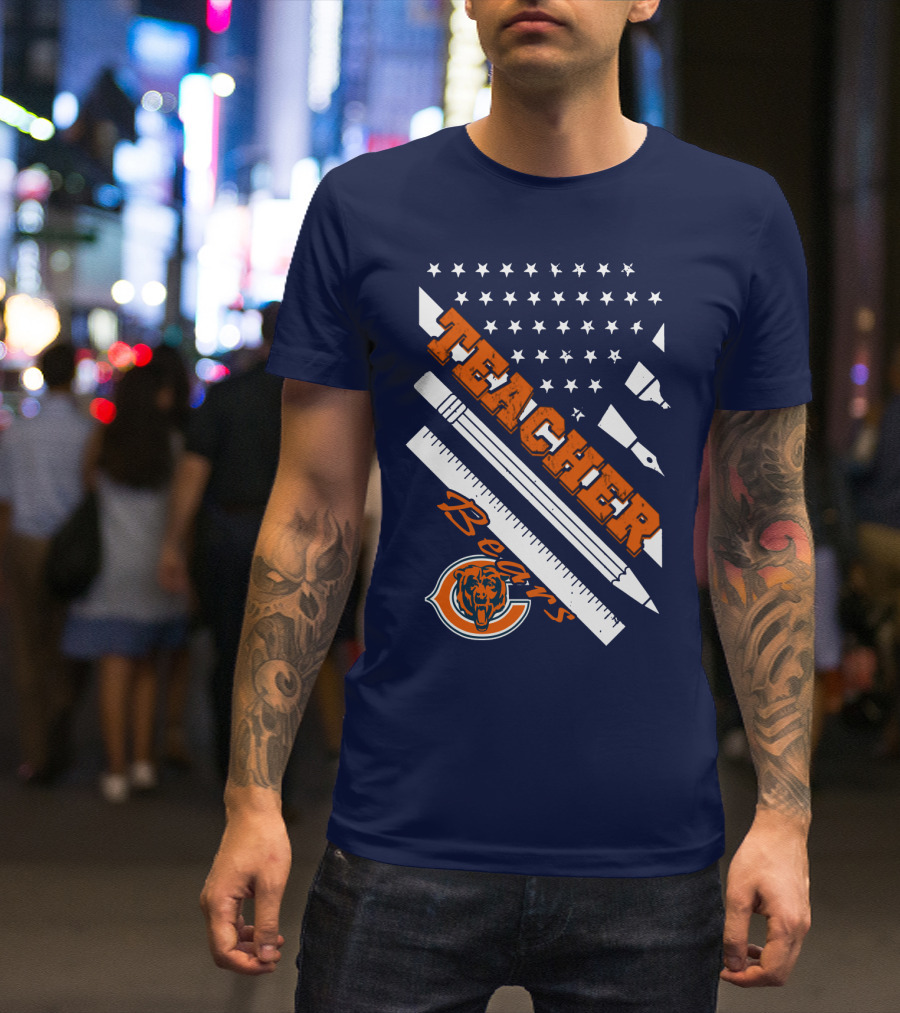 Chicago Bears Teacher American Flag Ruler And Pens T-Shirt