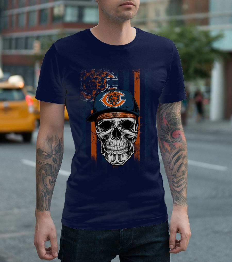 Chicago Bears Skull With Cap And Stripes T-Shirt