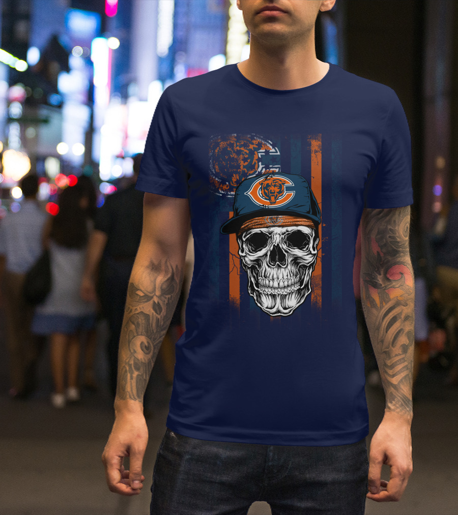 Chicago Bears Skull With Cap And Stripes T-Shirt