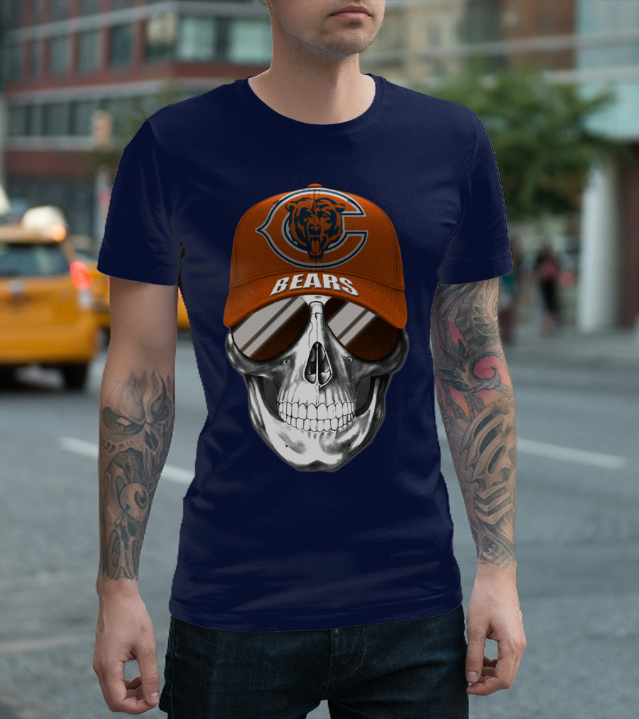 Chicago Bears Skull Cap With Logo And Sunglasses T-Shirt
