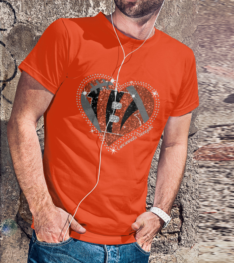 Cincinnati Bengals Heart Sparkle Football T-Shirt