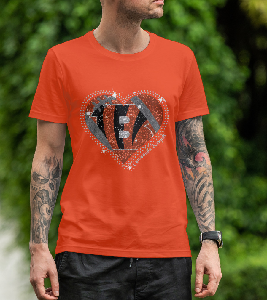 Cincinnati Bengals Heart Sparkle Football T-Shirt