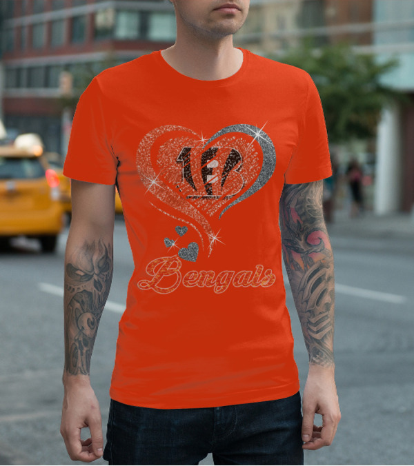 Bengals Heart Sparkle B Stripes Glitter T-Shirt