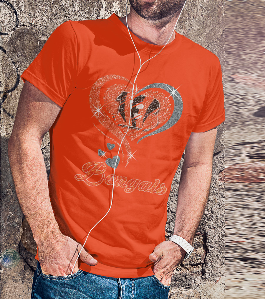 Bengals Heart Sparkle B Stripes Glitter T-Shirt
