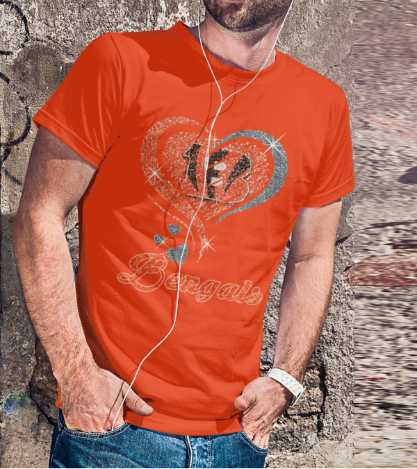 Bengals Heart Sparkle B Stripes Glitter T-Shirt