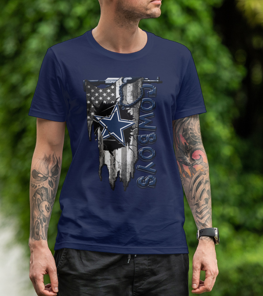 Dallas Cowboys Star Logo On Distressed American Flag With Vertical T-Shirt
