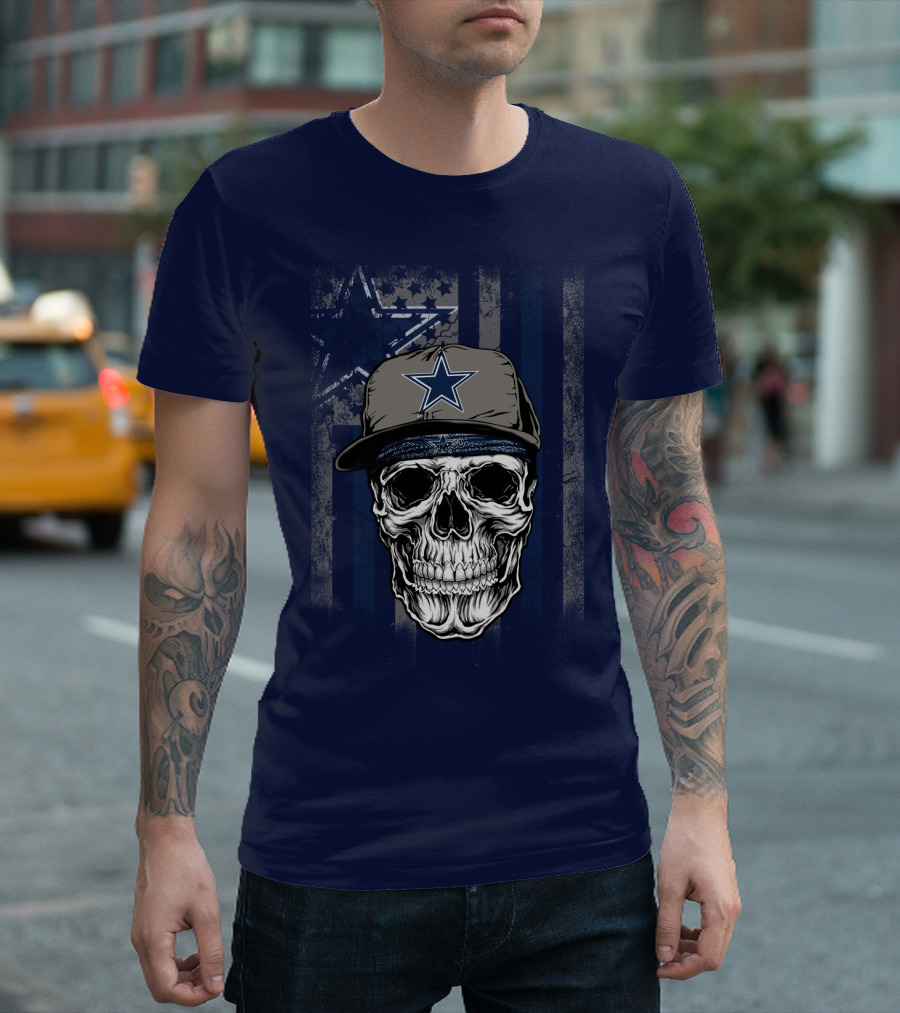 Dallas Cowboys Skull With Star Cap And Grunge Flag T-Shirt