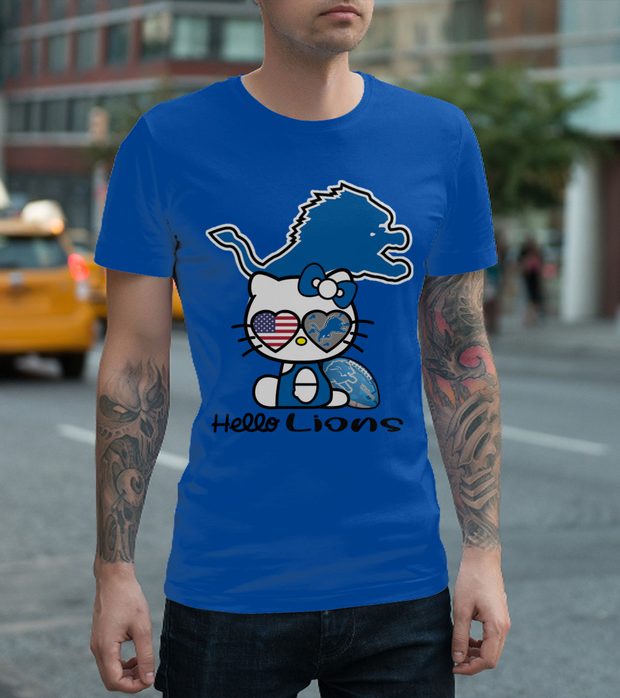 Hello Lions Detroit Lions Football Kitty Patchwork T-Shirt