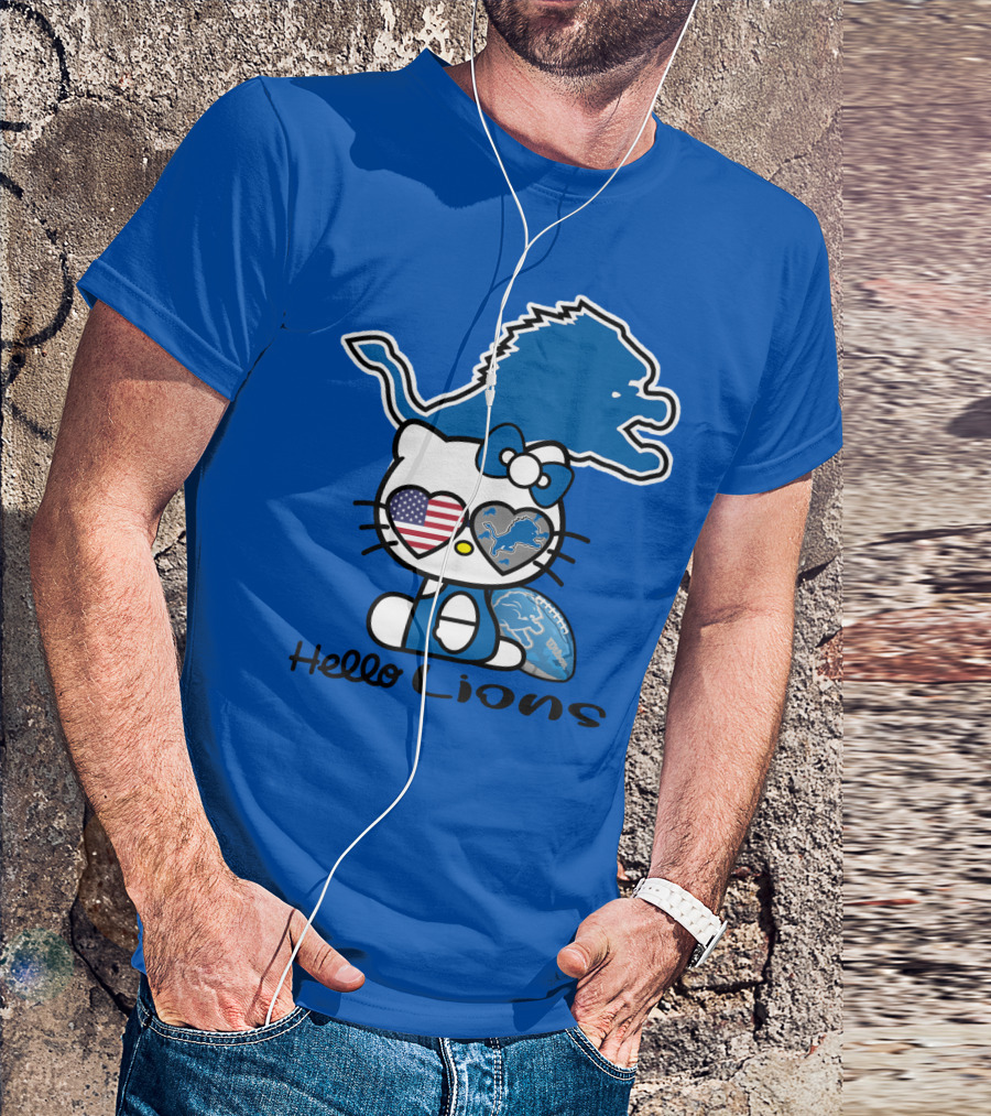 Hello Lions Detroit Lions Football Kitty Patchwork T-Shirt