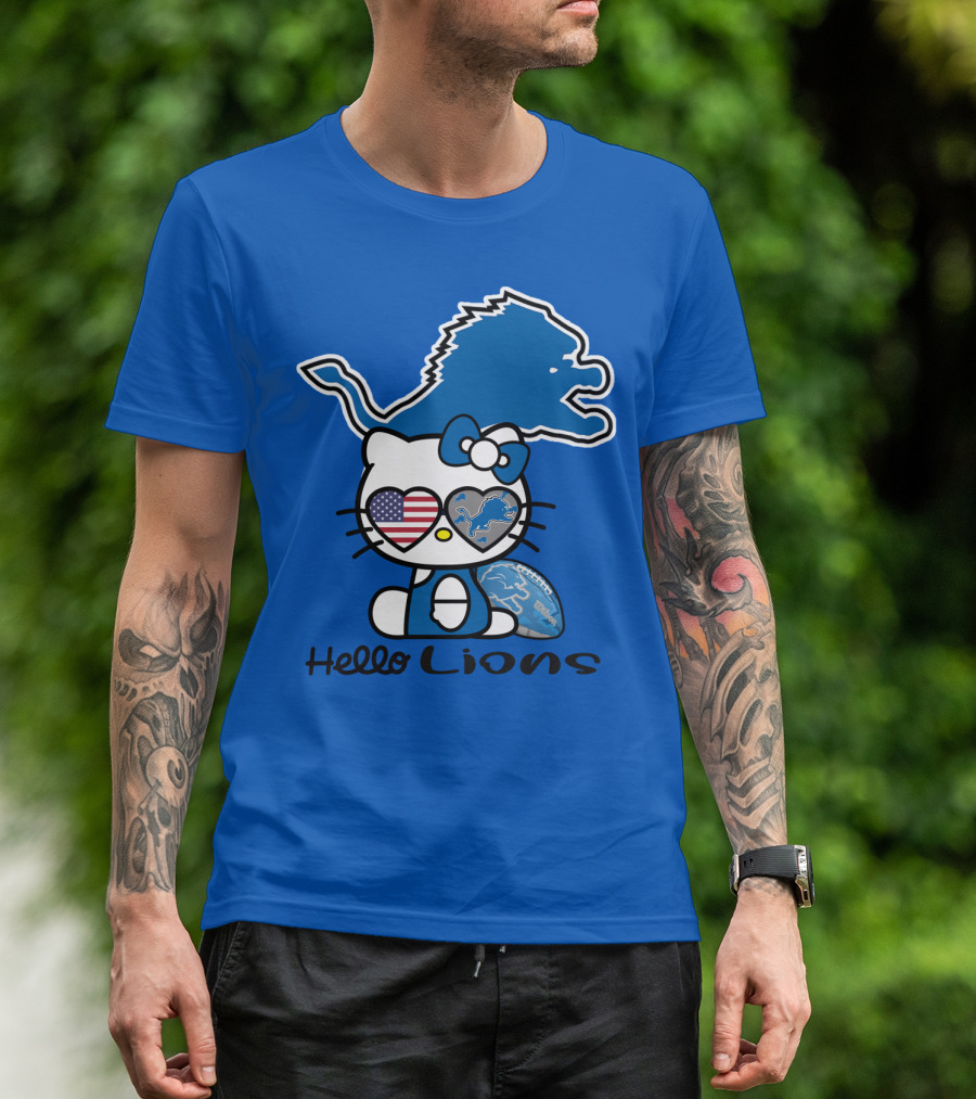 Hello Lions Detroit Lions Football Kitty Patchwork T-Shirt