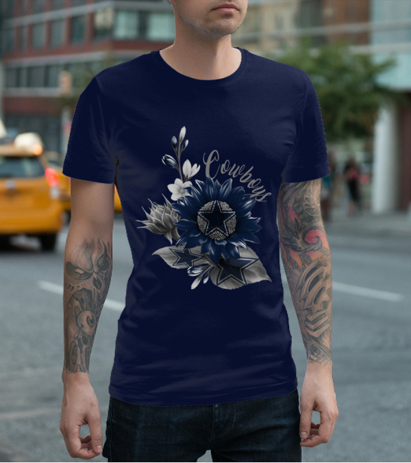 Cowboys Star Floral Design With Navy And Silver Accents T-Shirt