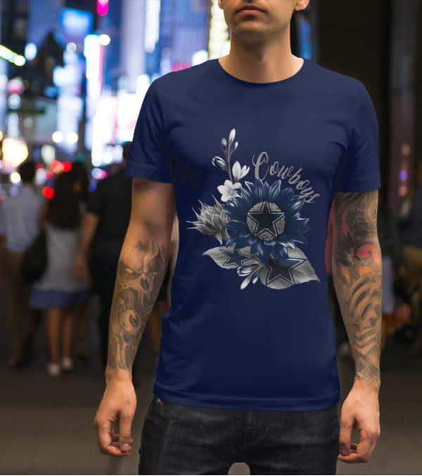 Cowboys Star Floral Design With Navy And Silver Accents T-Shirt