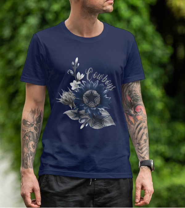 Cowboys Star Floral Design With Navy And Silver Accents T-Shirt
