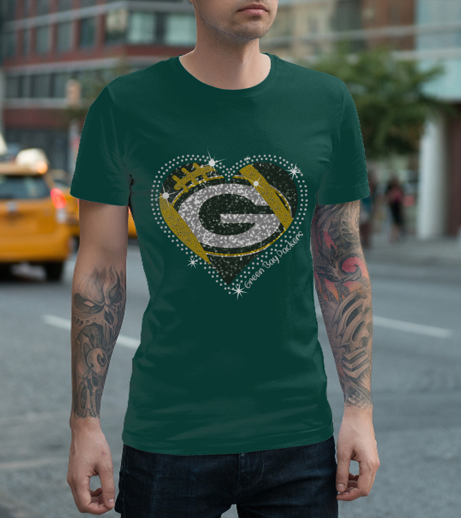 Green Bay Packers Heart Glitter T-Shirt