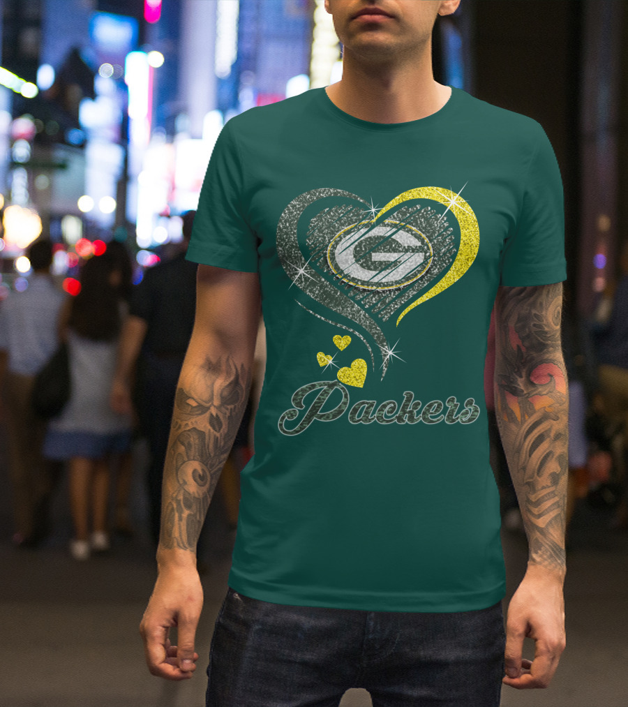 Green Bay Packers Heart Logo Sparkle T-Shirt