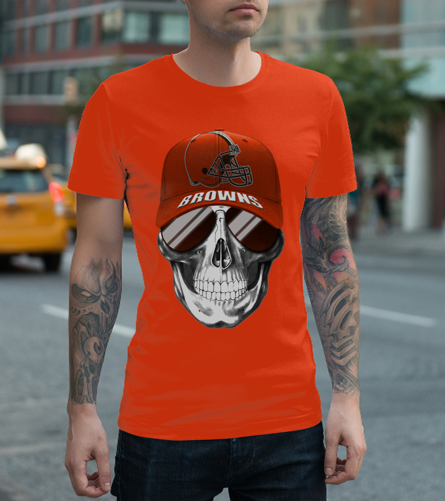 Cleveland Browns Skull Hat With Football Helmet Icon On Bright Orange T-Shirt