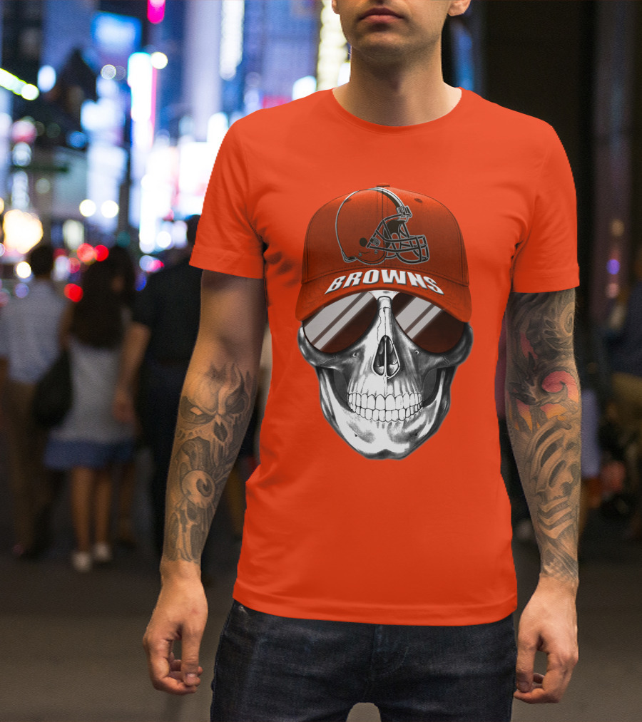 Cleveland Browns Skull Hat With Football Helmet Icon On Bright Orange T-Shirt