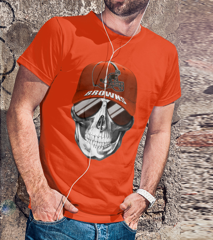Cleveland Browns Skull Hat With Football Helmet Icon On Bright Orange T-Shirt