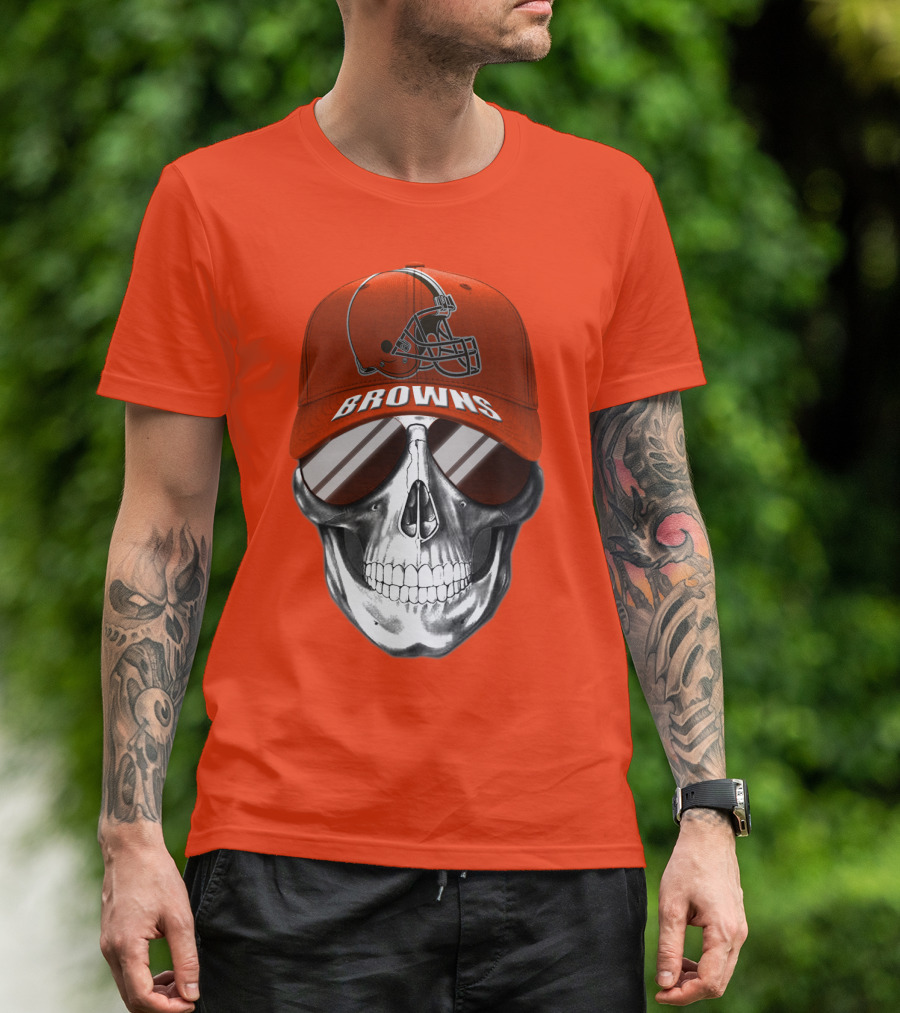 Cleveland Browns Skull Hat With Football Helmet Icon On Bright Orange T-Shirt