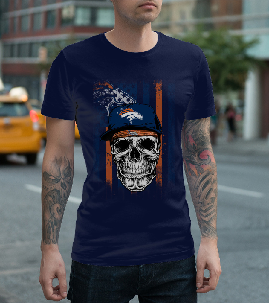 Denver Broncos Skull With Cap And Logo На Тёмно-Синем Фоне T-Shirt