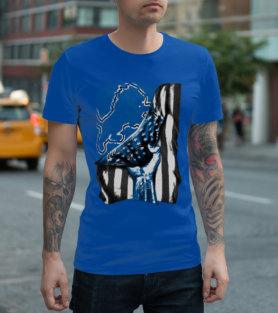 Detroit Lions Blue Lion Silhouette With American Flag Fist On Blue T-Shirt
