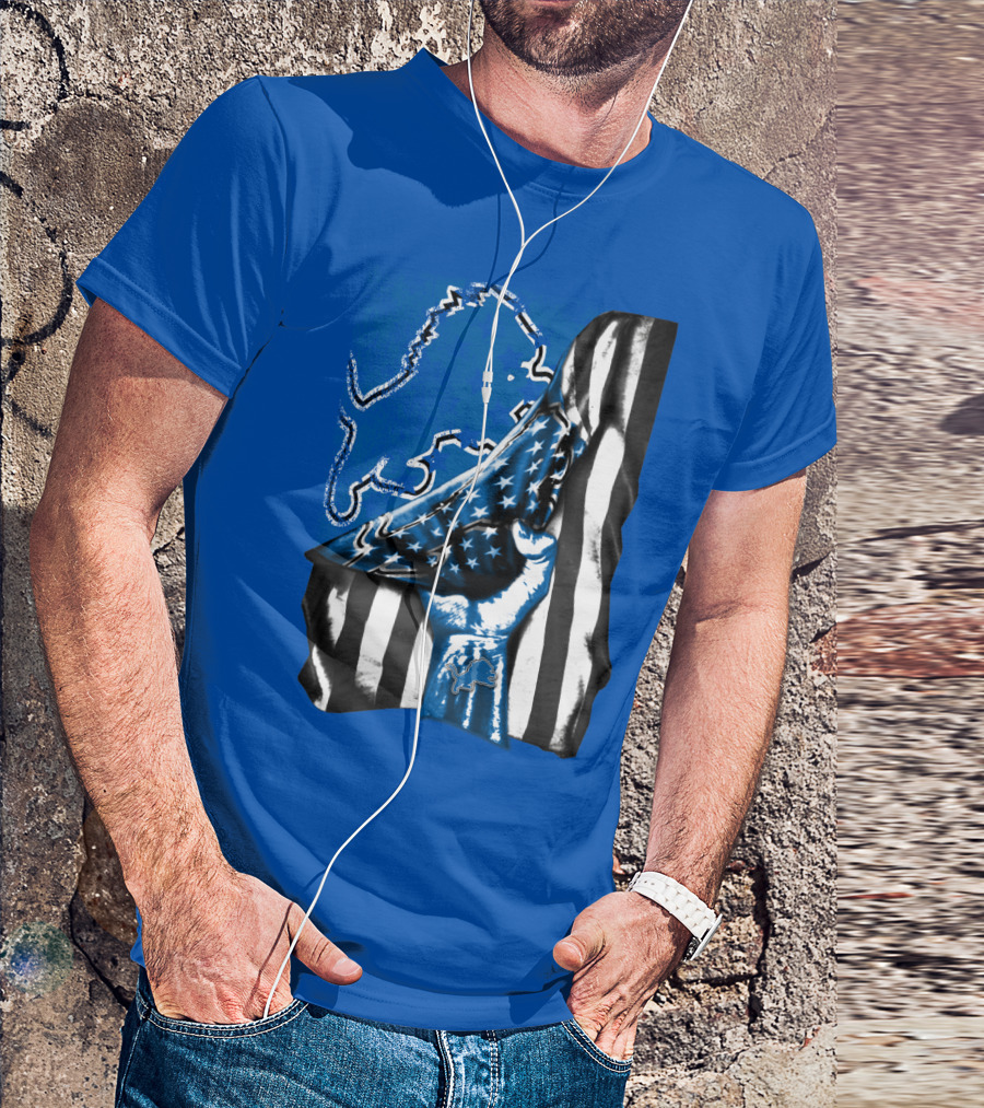 Detroit Lions Blue Lion Silhouette With American Flag Fist On Blue T-Shirt