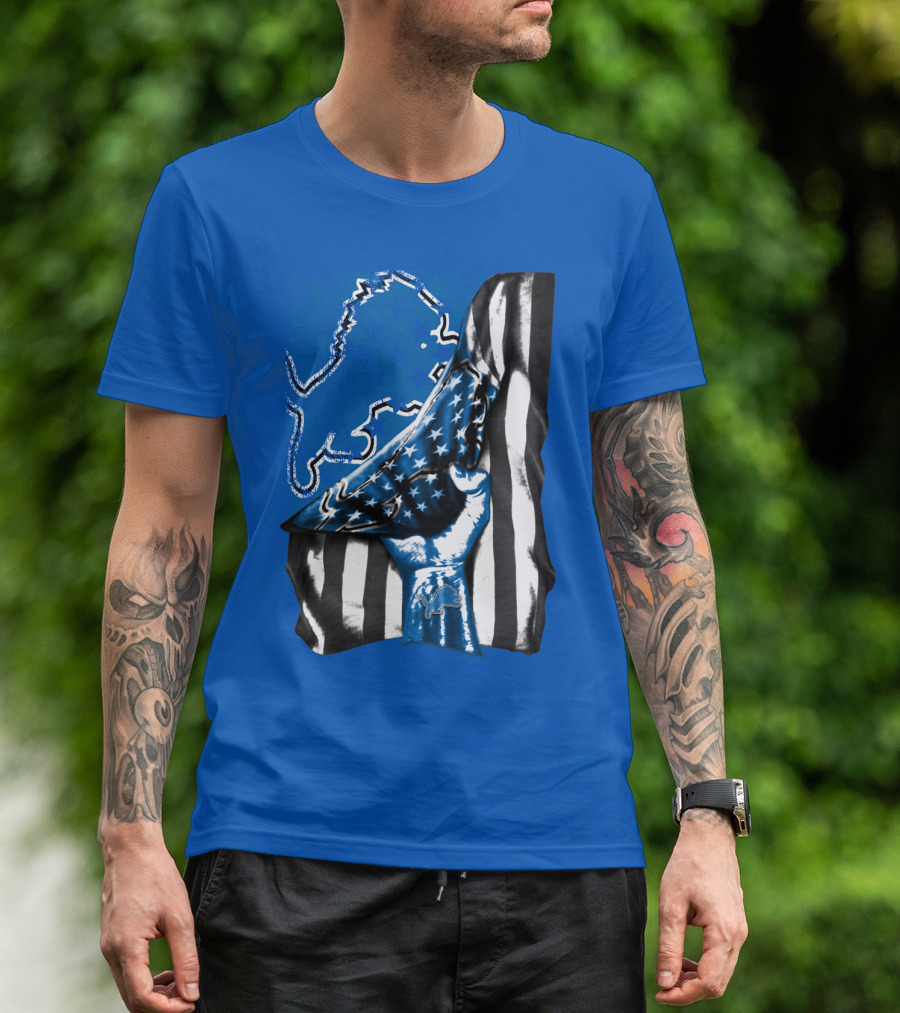 Detroit Lions Blue Lion Silhouette With American Flag Fist On Blue T-Shirt