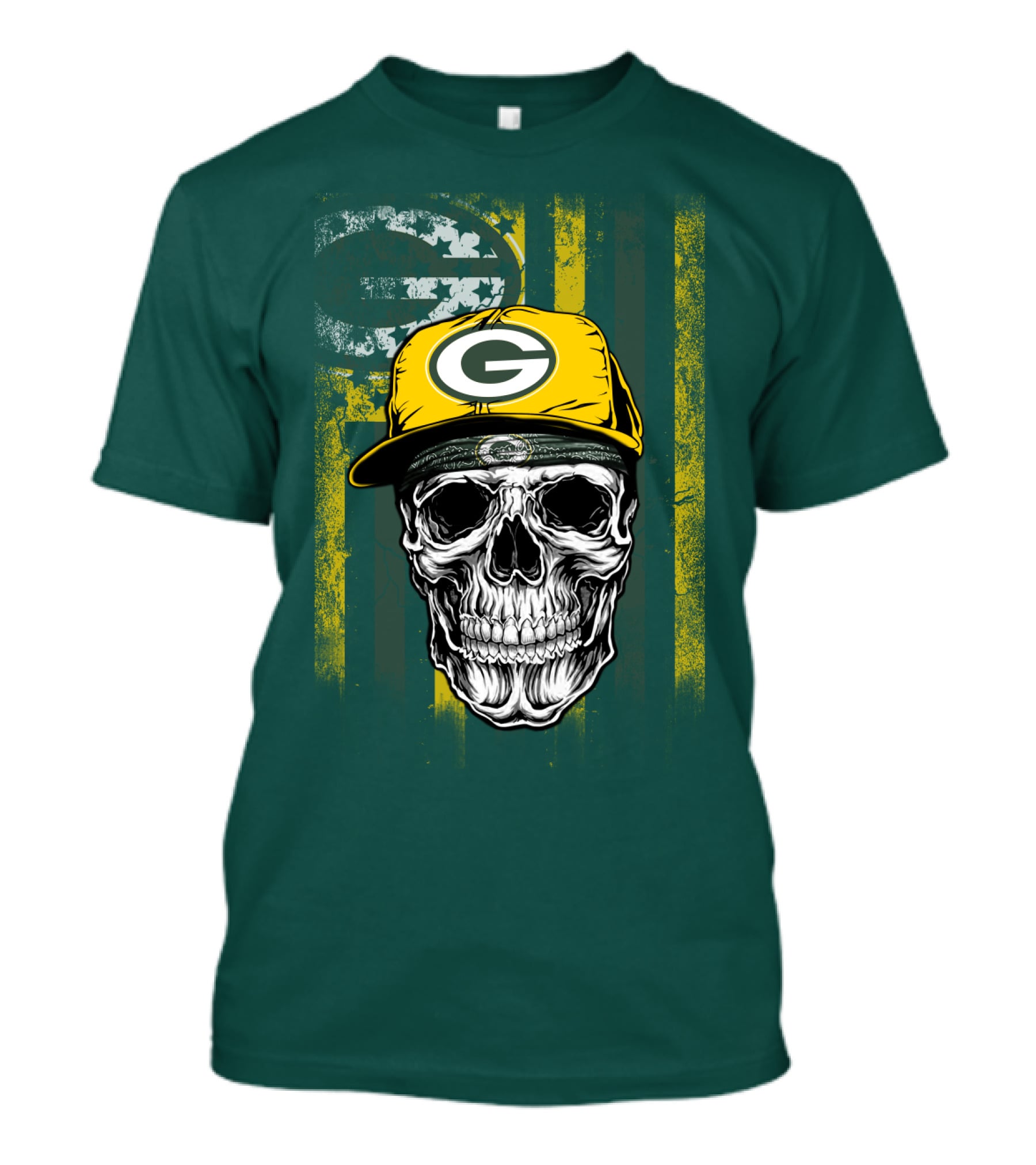 Green Bay Packers Skull With Cap And Distressed Flag T-Shirt