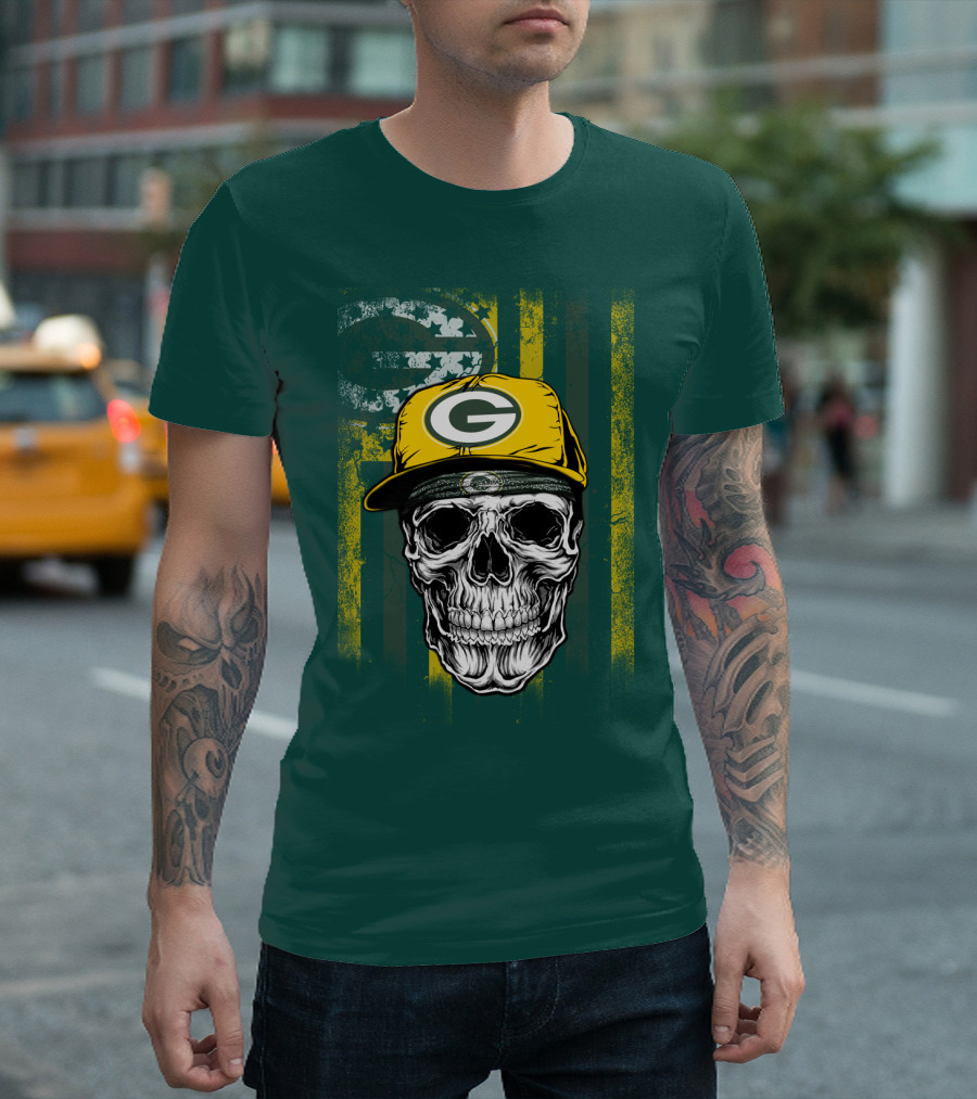 Green Bay Packers Skull With Cap And Distressed Flag T-Shirt