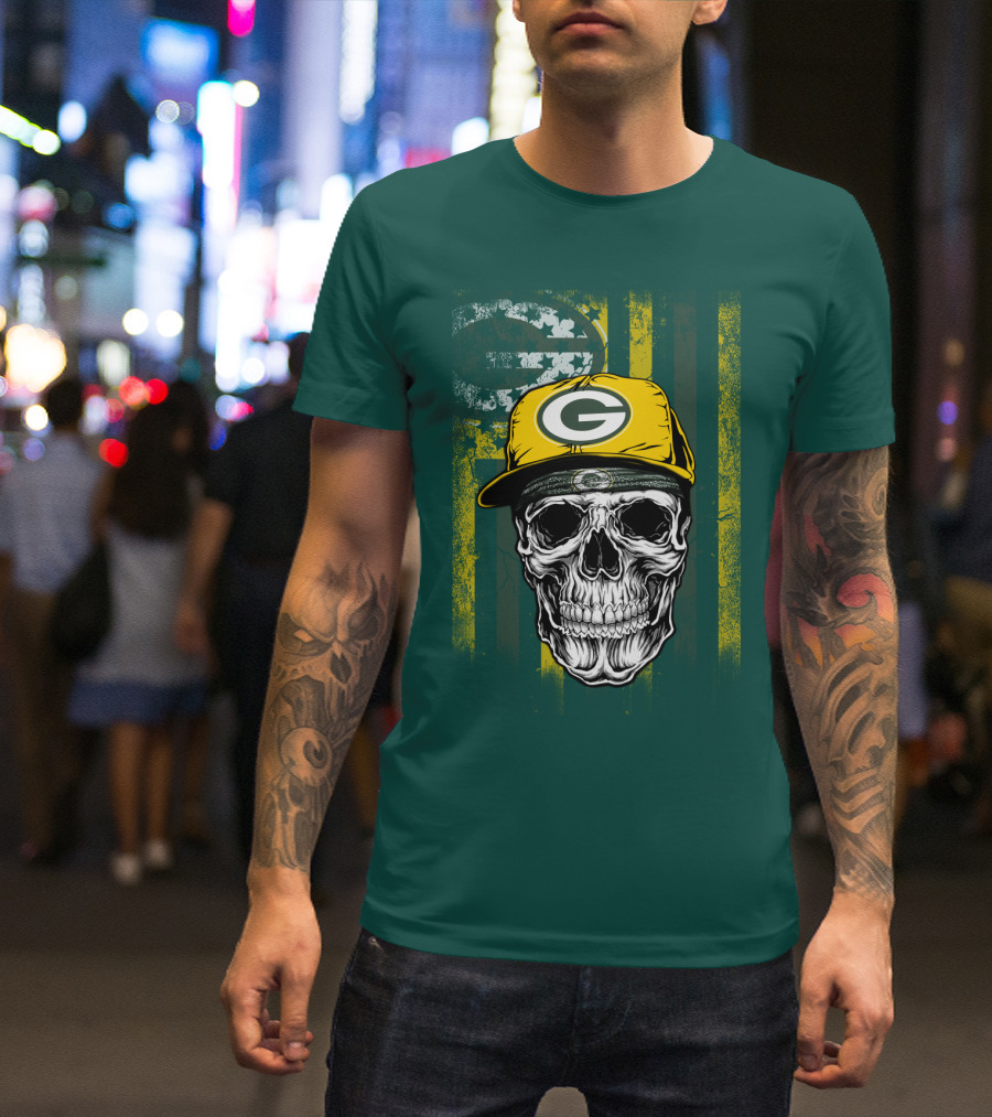 Green Bay Packers Skull With Cap And Distressed Flag T-Shirt