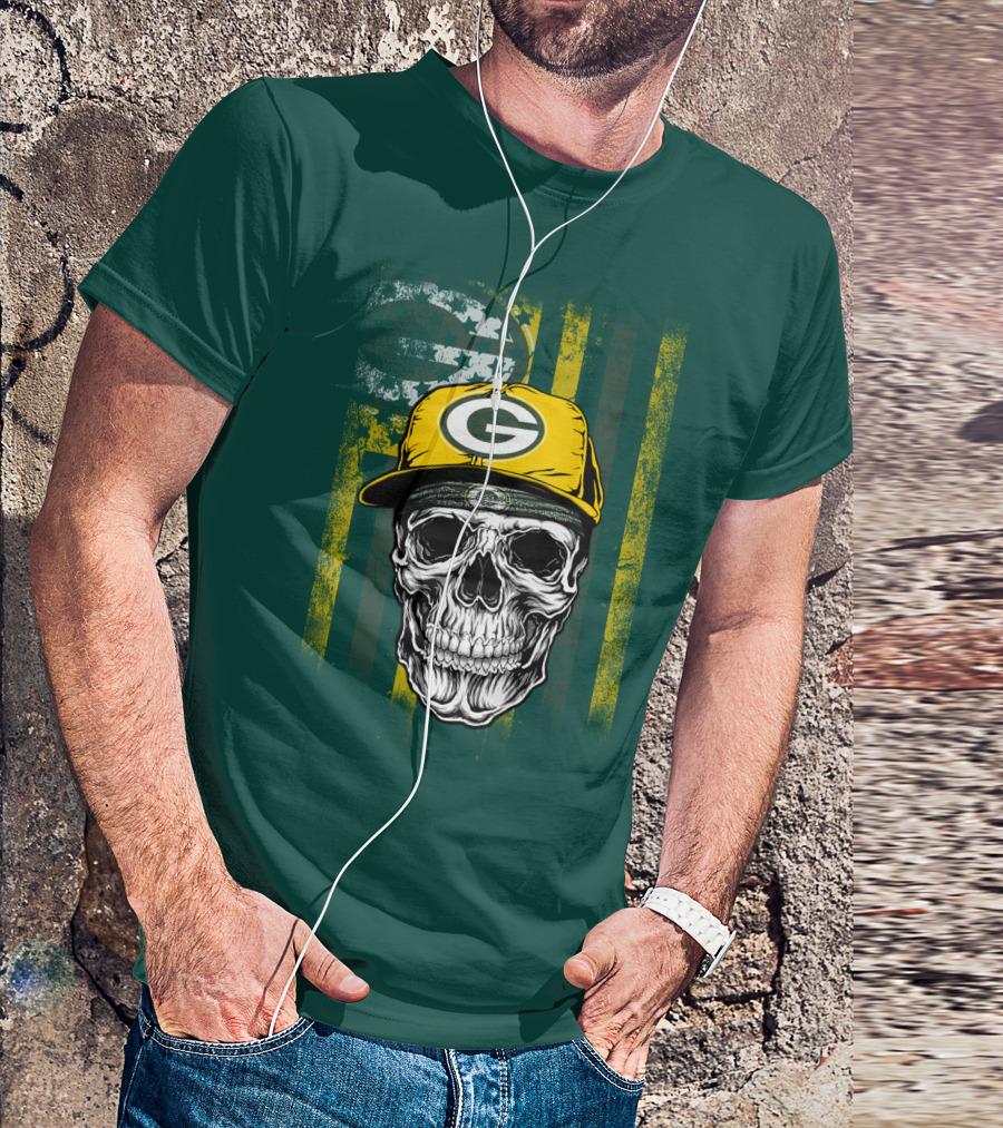 Green Bay Packers Skull With Cap And Distressed Flag T-Shirt