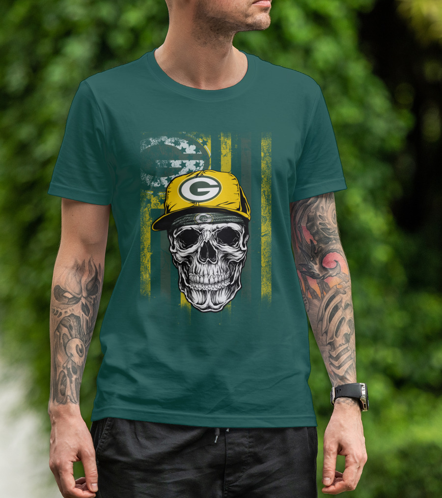 Green Bay Packers Skull With Cap And Distressed Flag T-Shirt