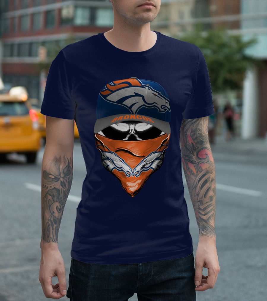 Denver Broncos Football Fan Skull Bandana Hat T-Shirt
