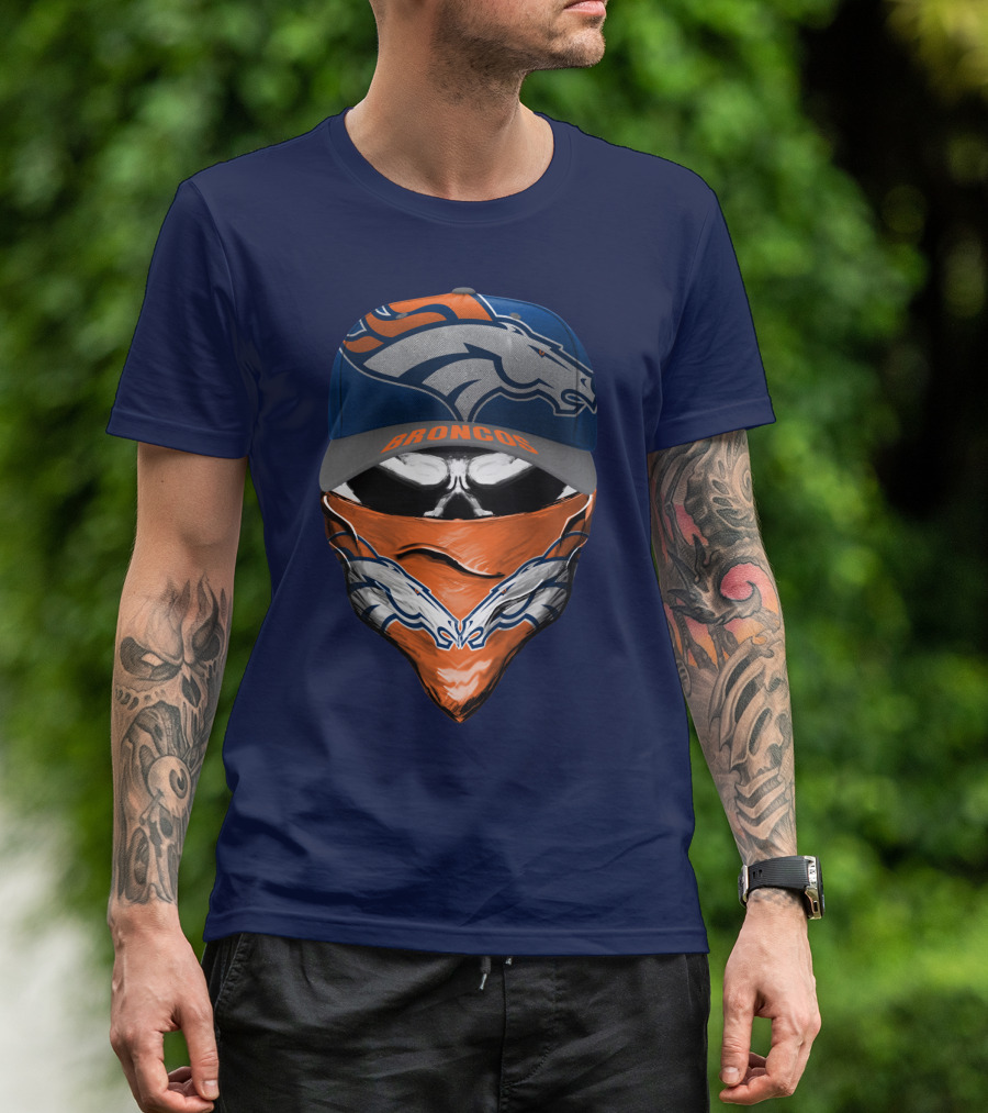 Denver Broncos Football Fan Skull Bandana Hat T-Shirt