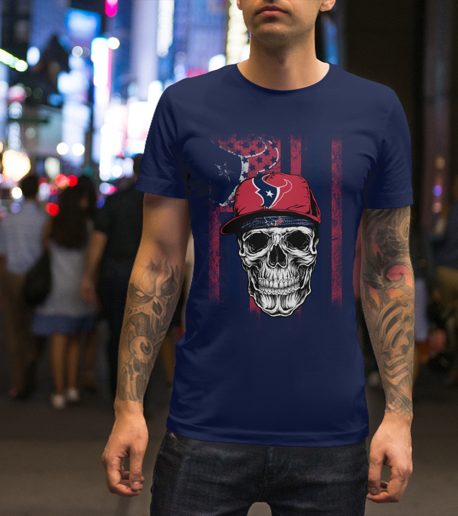 Houston Texans Skull Flag Stars Cap T-Shirt