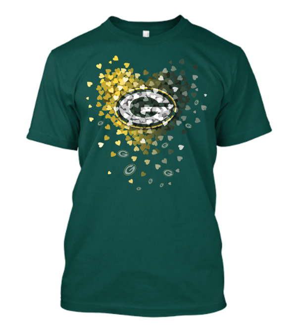 Green Bay Packers Heart Logo With Golden Hearts And Green T-Shirt