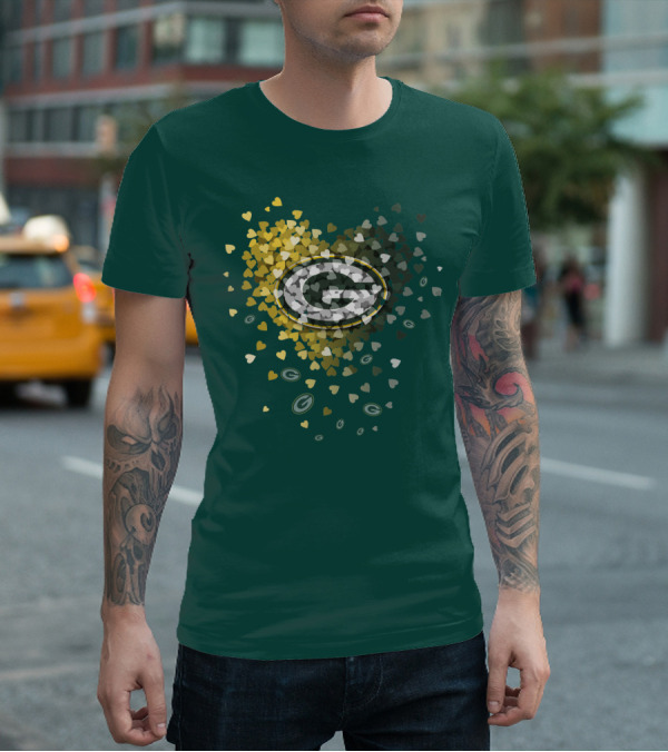 Green Bay Packers Heart Logo With Golden Hearts And Green T-Shirt