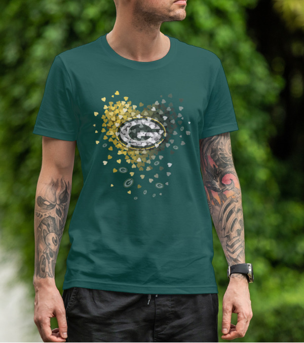 Green Bay Packers Heart Logo With Golden Hearts And Green T-Shirt
