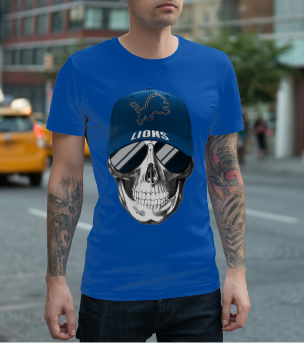 Detroit Lions Skull With Blue Cap And Sunglasses T-Shirt