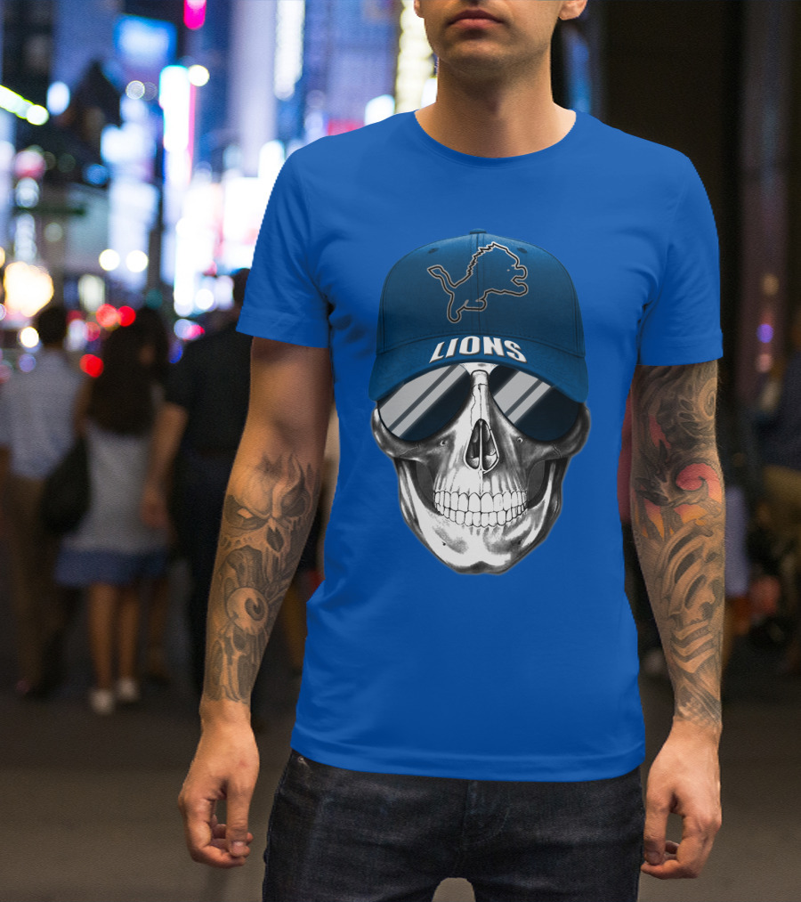 Detroit Lions Skull With Blue Cap And Sunglasses T-Shirt
