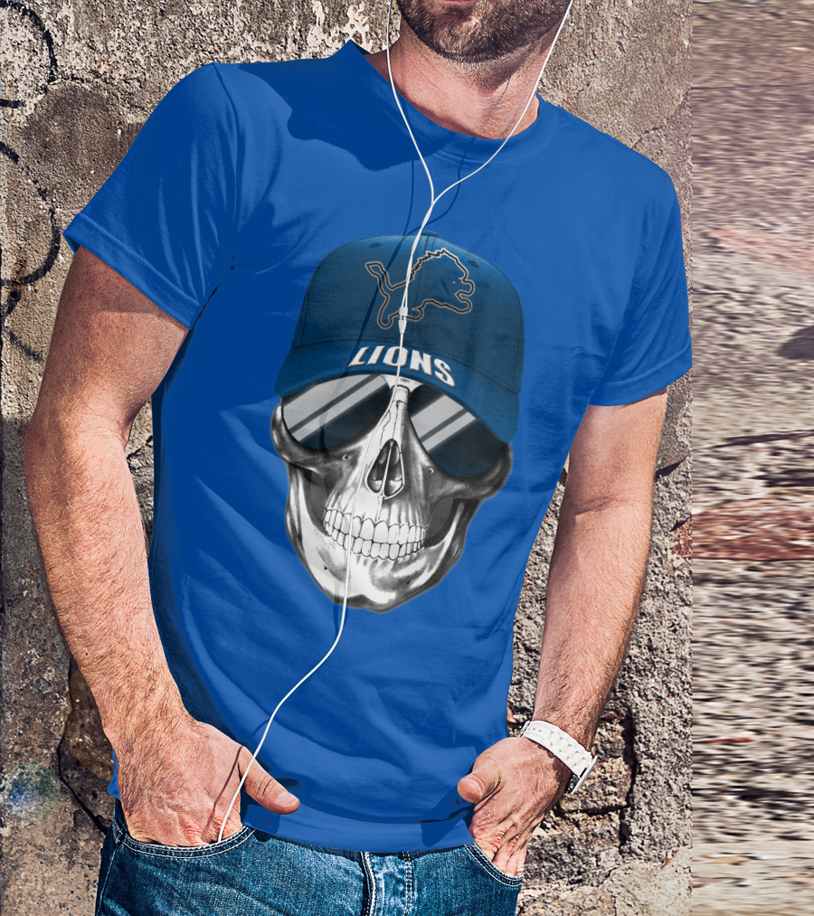 Detroit Lions Skull With Blue Cap And Sunglasses T-Shirt