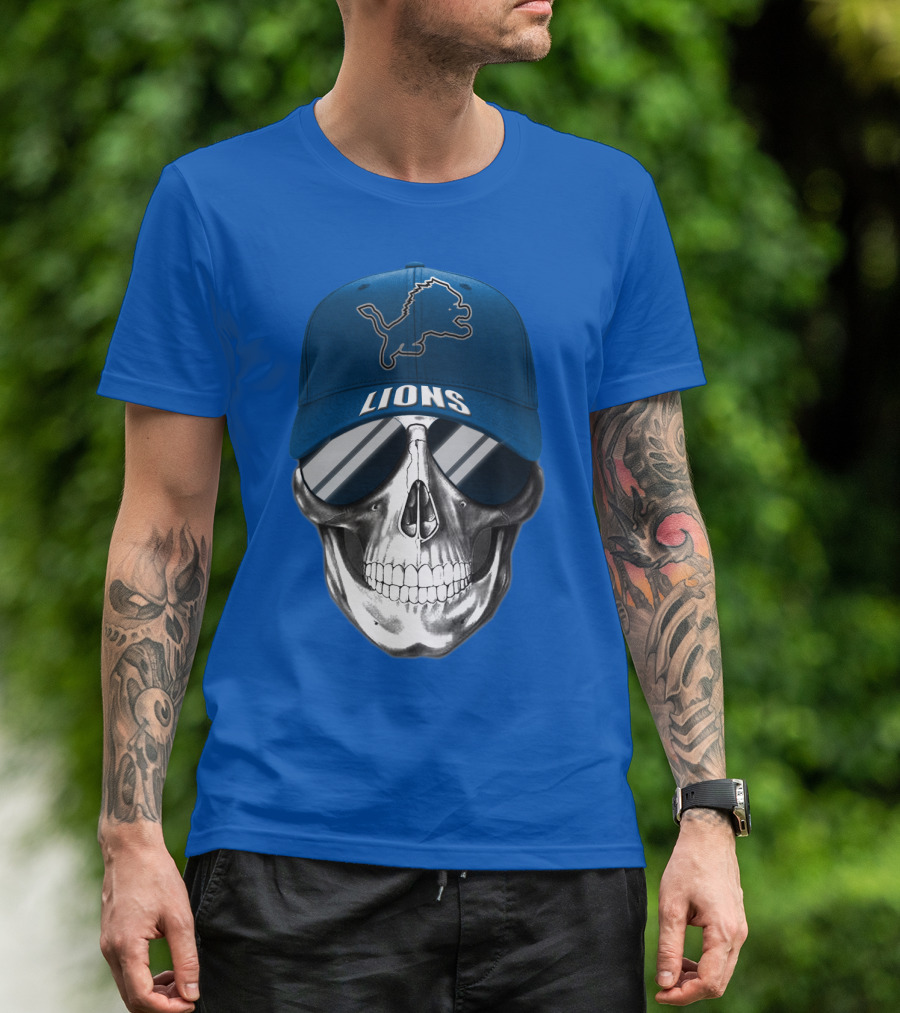 Detroit Lions Skull With Blue Cap And Sunglasses T-Shirt